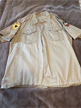Vintage Khaki Button-Up Uniform Shirt with Shoulder Patches